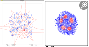 細胞を2次元空間上のボロノイ領域として表現したもの（左図）。ボロノイ片の長さに比例した物質拡散が生じる場合のチューリングパターンの一例（右図、ボロノイ辺の描画は省略）。